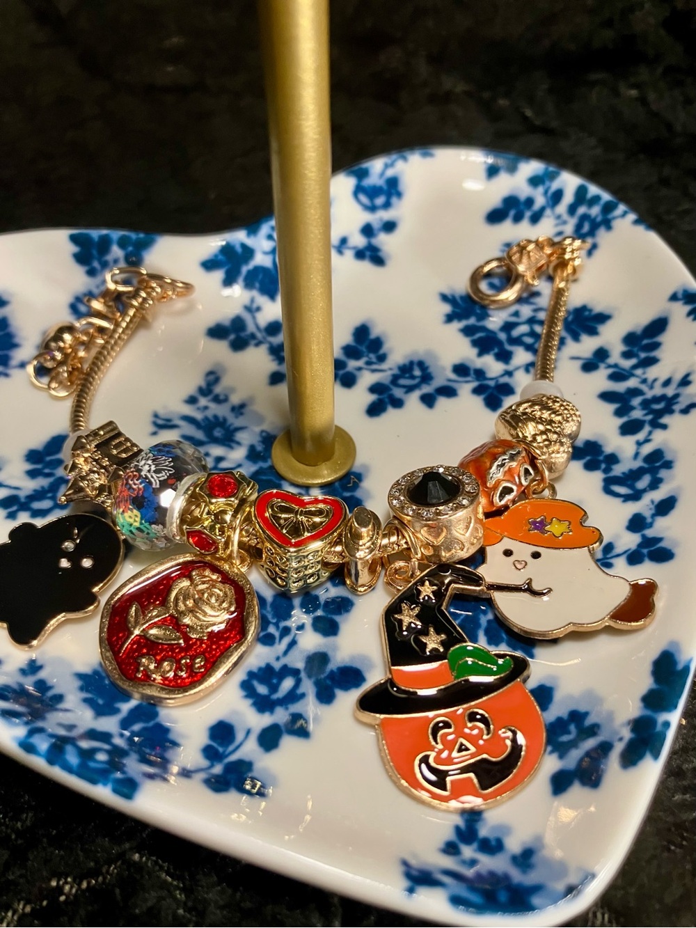 Gold-Tone Halloween Charm Bracelet with Orange & Black Enamel